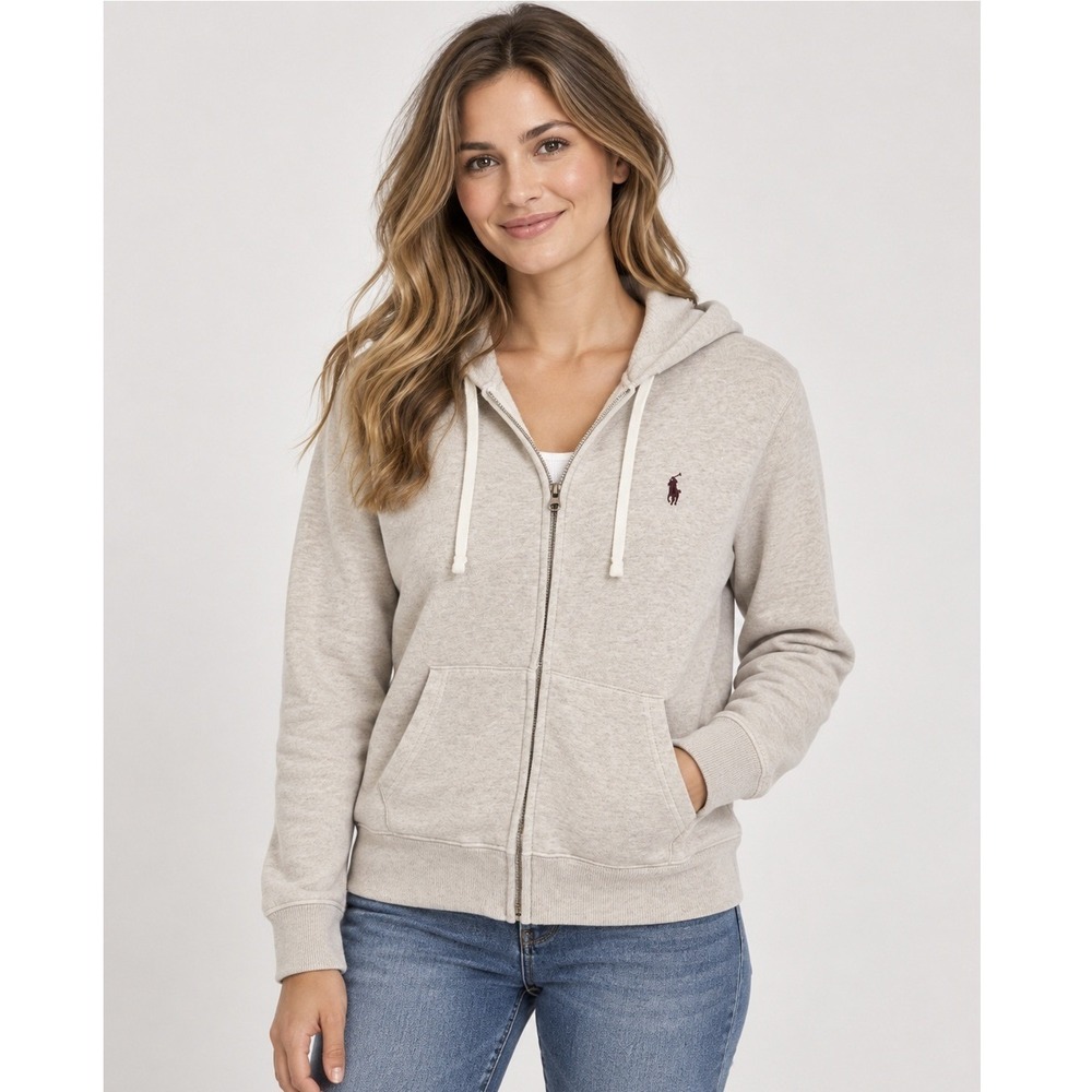 Ralph Lauren Full Zip Hoodie Womens Size Large Oatmeal Beige Pony Logo Sweater